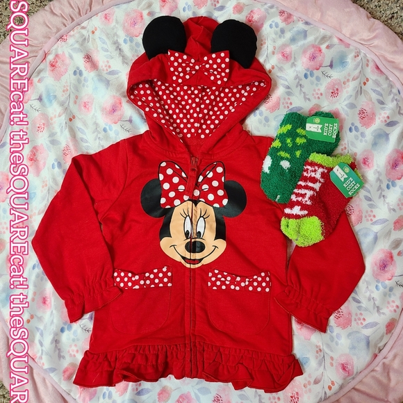 2T bundle ♥ mini mouse zipper hoodie w/ pockets & 2 pairs of fuzzy holiday socks